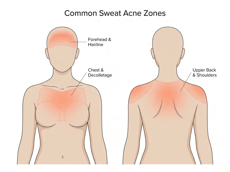 Anatomical illustration showing common sweat acne zones on female body: forehead and hairline, chest and decolletage, upper back and shoulders