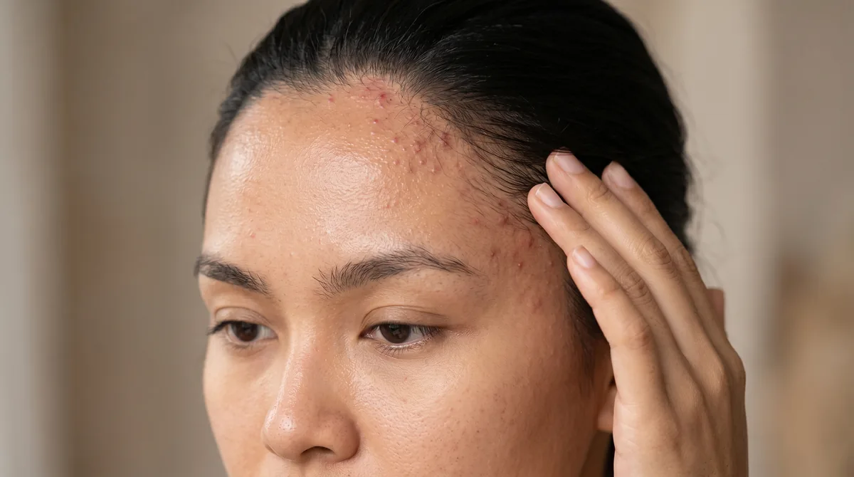 Close-up of woman's forehead and temple area showing small inflammatory bumps and redness characteristic of sweat acne in hot humid conditions