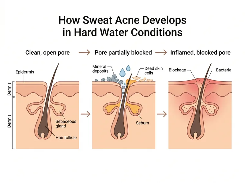 Educational diagram showing how mineral deposits from hard water combine with sweat and sebum to clog pores and cause inflammatory acne