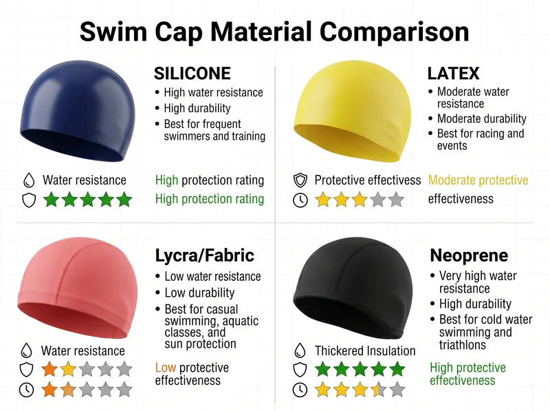 Comparison chart showing four swim cap types: silicone, latex, lycra, and neoprene with protective ratings