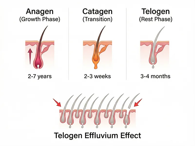 Educational diagram showing the three phases of the hair growth cycle with telogen effluvium changeion