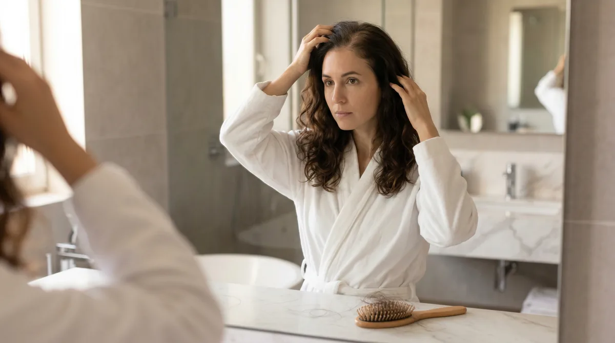 Woman examining hair loss in mirror after international relocation, concerned expression