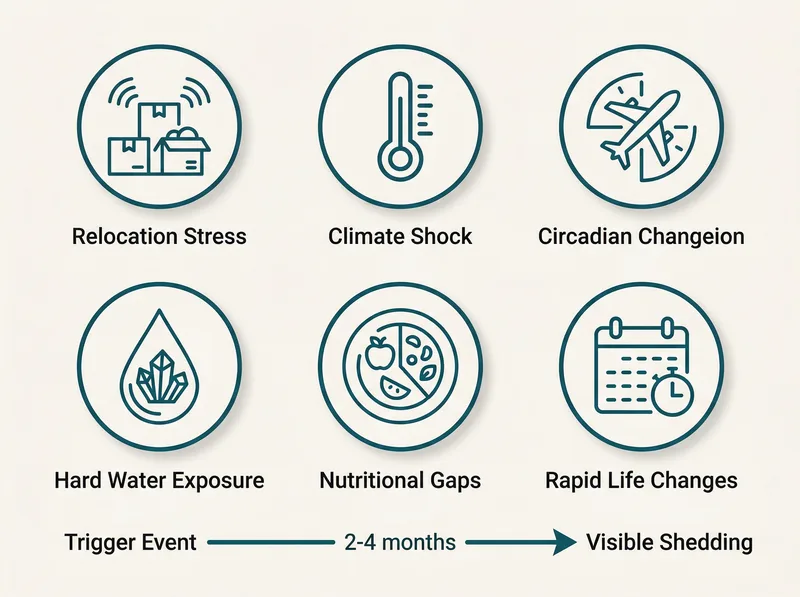 Infographic showing common telogen effluvium triggers for expats including stress, climate change, and water quality