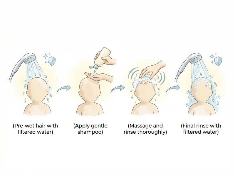 Step-by-step visual guide for bath time routine with toddler in hard water areas