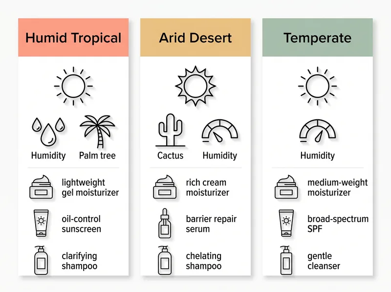 Infographic showing three climate zones with corresponding beauty product needs