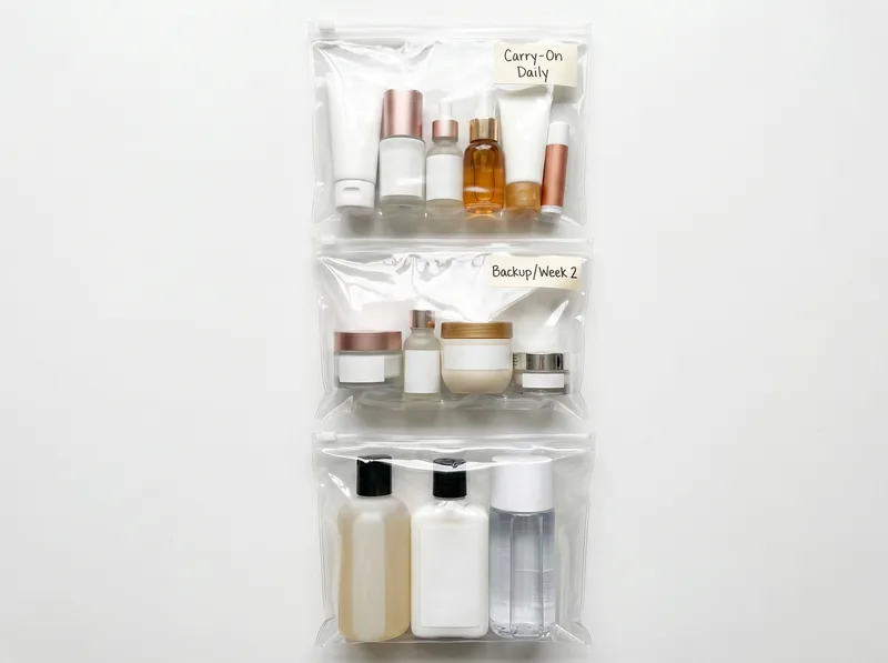 Flat lay of organized TSA-compliant beauty bags showing layering system