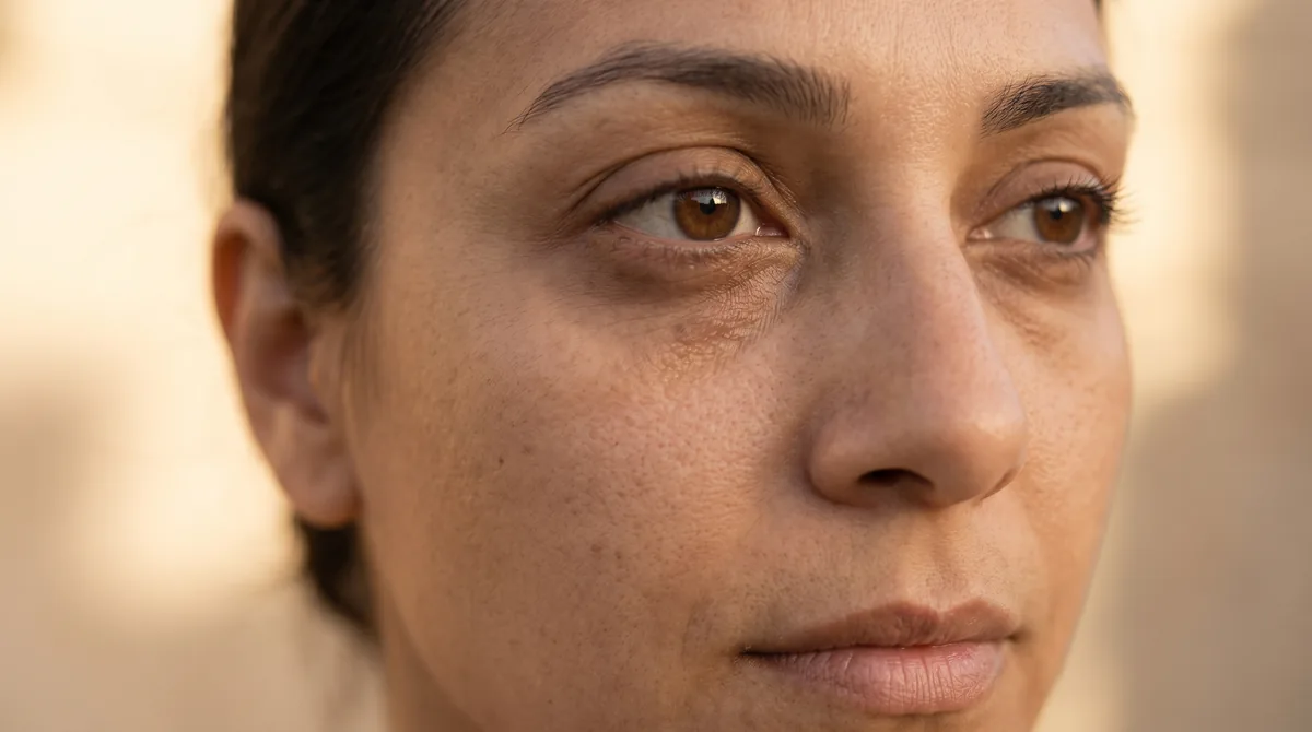 Close-up of woman's eye area showing periorbital hyperpigmentation against natural skin tone in warm lighting