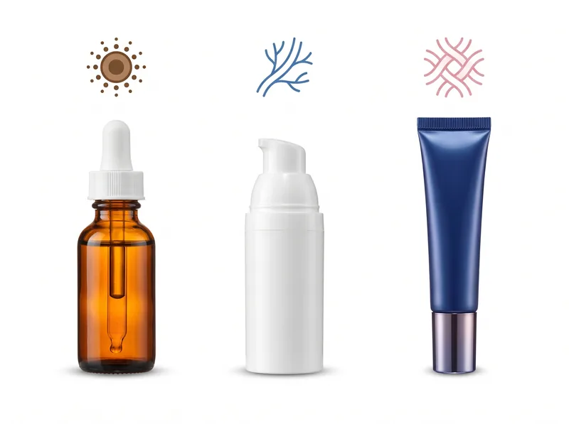 Visual comparison of evidence-based under-eye treatments showing vitamin C serum, caffeine eye cream, and retinol products with clinical efficacy indicators