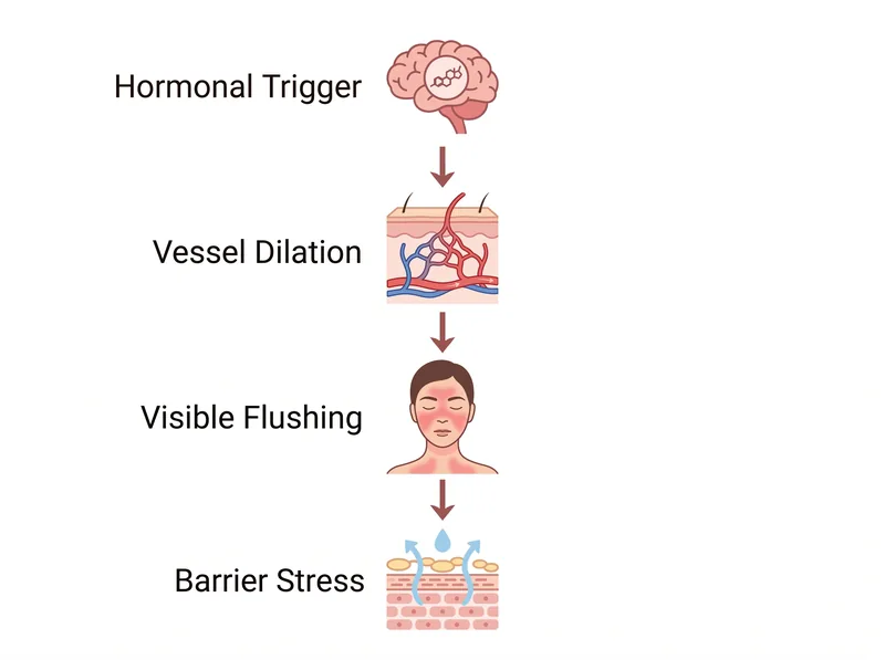 Educational diagram showing the cascade from hormonal trigger to visible skin flushing, including blood vessel dilation and barrier changeion