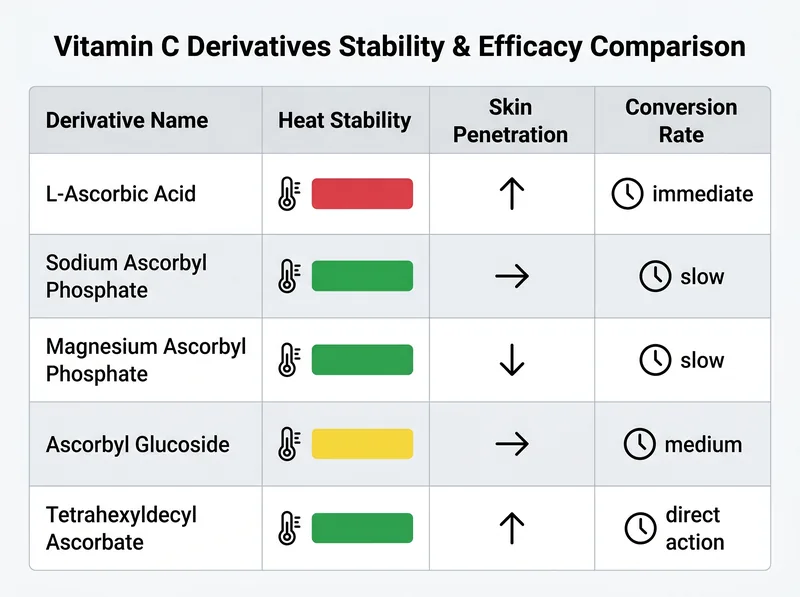 Comparison table of vitamin C derivatives showing stability ratings and effectiveness in hot climates