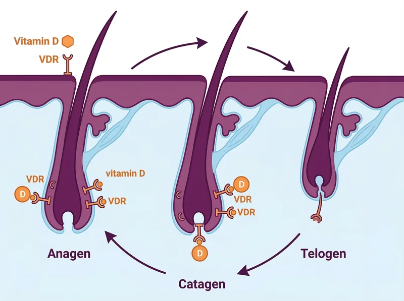 Diagram showing how vitamin D supports hair follicle cycling and growth